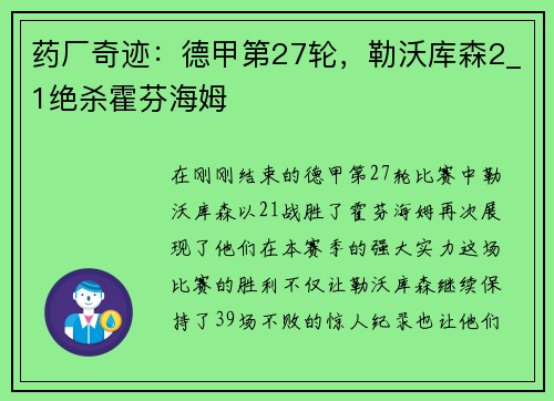 药厂奇迹：德甲第27轮，勒沃库森2_1绝杀霍芬海姆