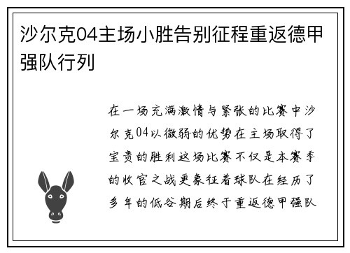 沙尔克04主场小胜告别征程重返德甲强队行列
