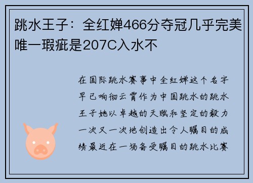 跳水王子：全红婵466分夺冠几乎完美唯一瑕疵是207C入水不